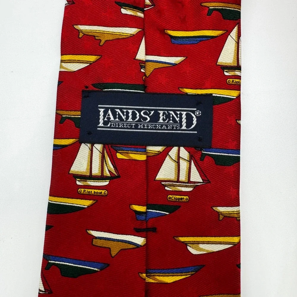 Lands End Mens Red Sailboat Nautical Silk Tie Vintage USA Luxury Designer